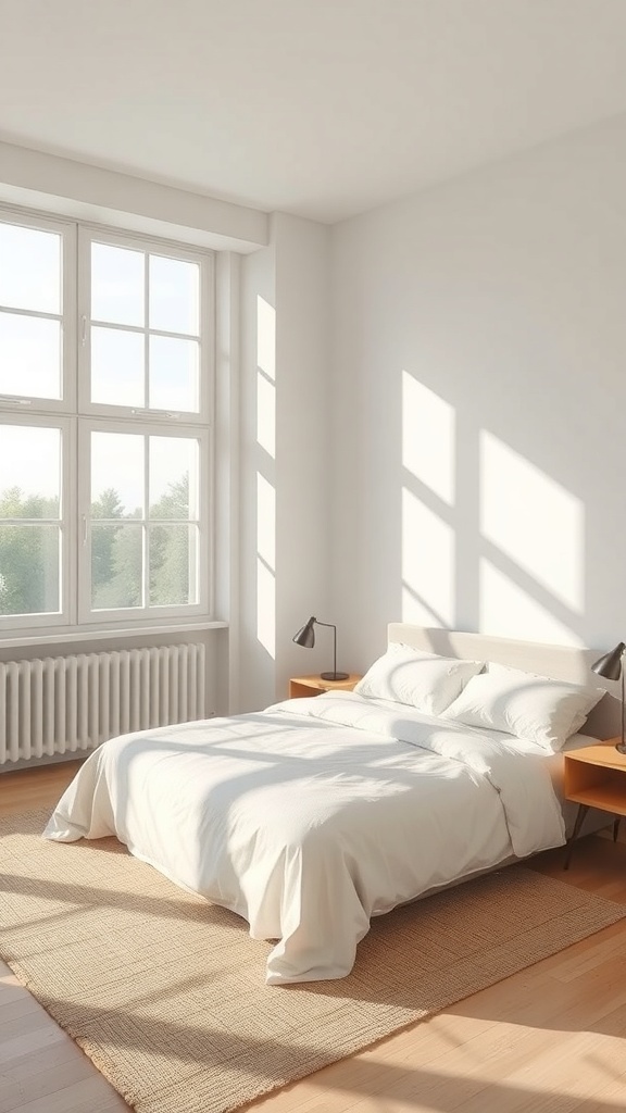 13 Stylish Bedroom Ideas to Transform Your Space 14 A bright, minimalist bedroom with a bed, bedside tables, and large windows.