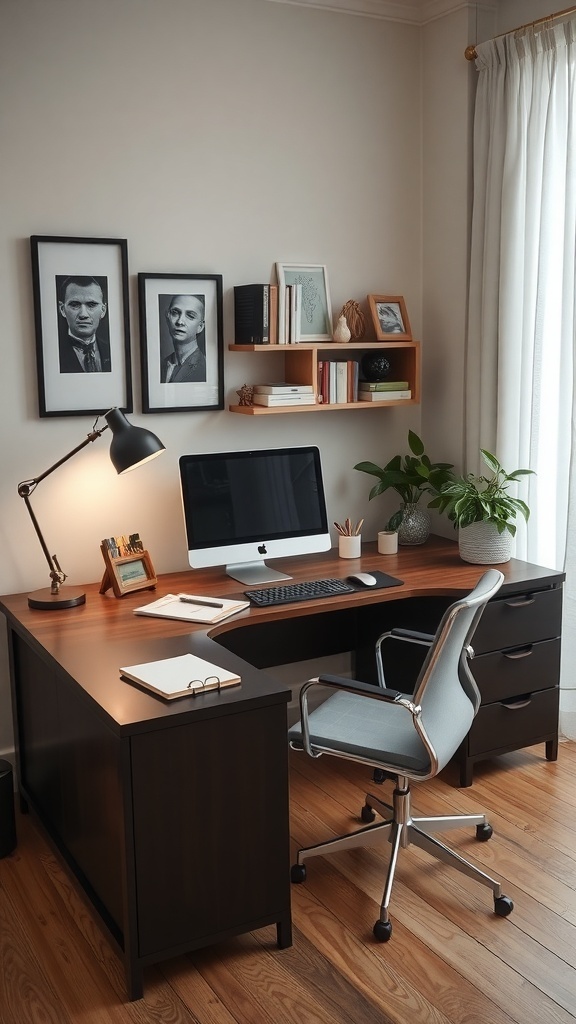 12 Inspiring Home Office Layout Ideas for Ultimate Productivity 20 A modern L-shaped desk in a home office with a computer, stationery, and plants.