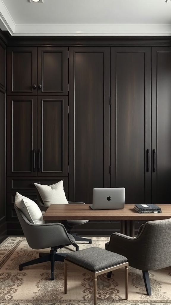 19 Creative Murphy Bed Office Guest Bedrooms Ideas 19 A sophisticated office space featuring dark cabinetry, a wooden table, and comfortable chairs.