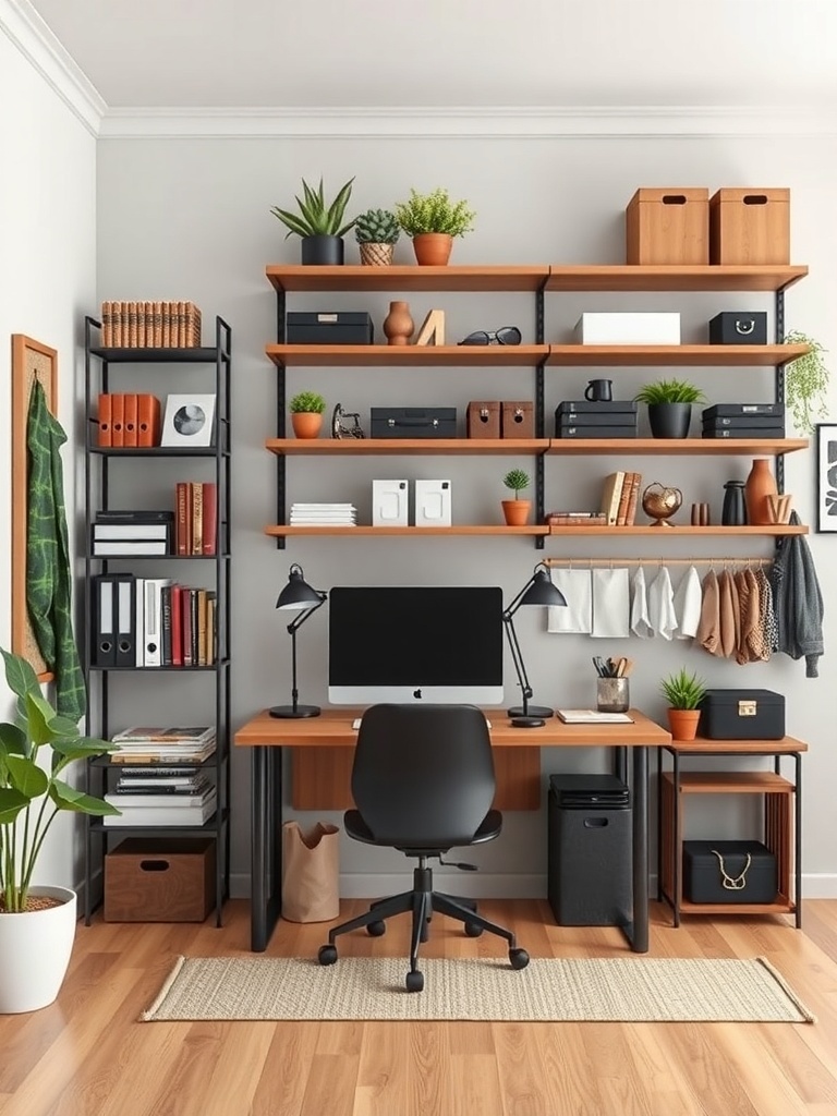 18 Stylish Modern Home Office Ideas to Inspire Your Space 30 A modern home office featuring wall-mounted shelves, a desk, and a chair, with plants and decorative items.