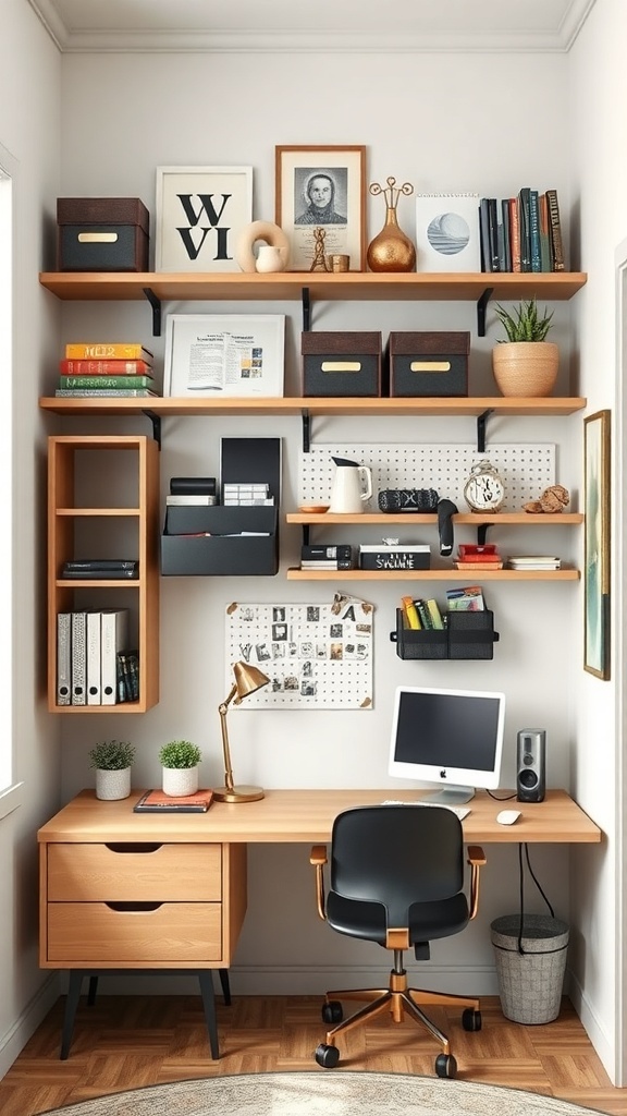 15 Creative Small Home Office Ideas for Maximum Productivity 7 A small home office with shelves, a desk, and a computer, showcasing effective use of vertical space.