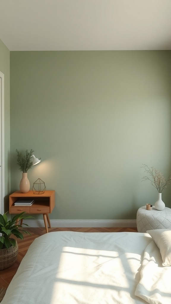 12 Inspiring Green Bedroom Ideas for a Refreshing Retreat 14 A serene bedroom with sage green walls, a cozy bed, a stylish nightstand, and a plant.