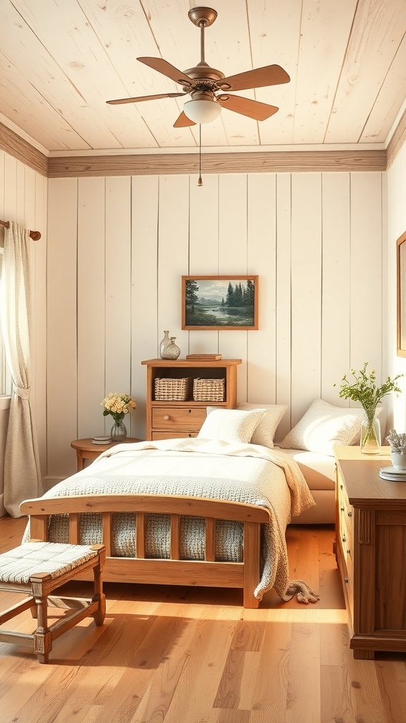 A cozy farmhouse bedroom with wooden furniture, a knitted blanket, and natural light.