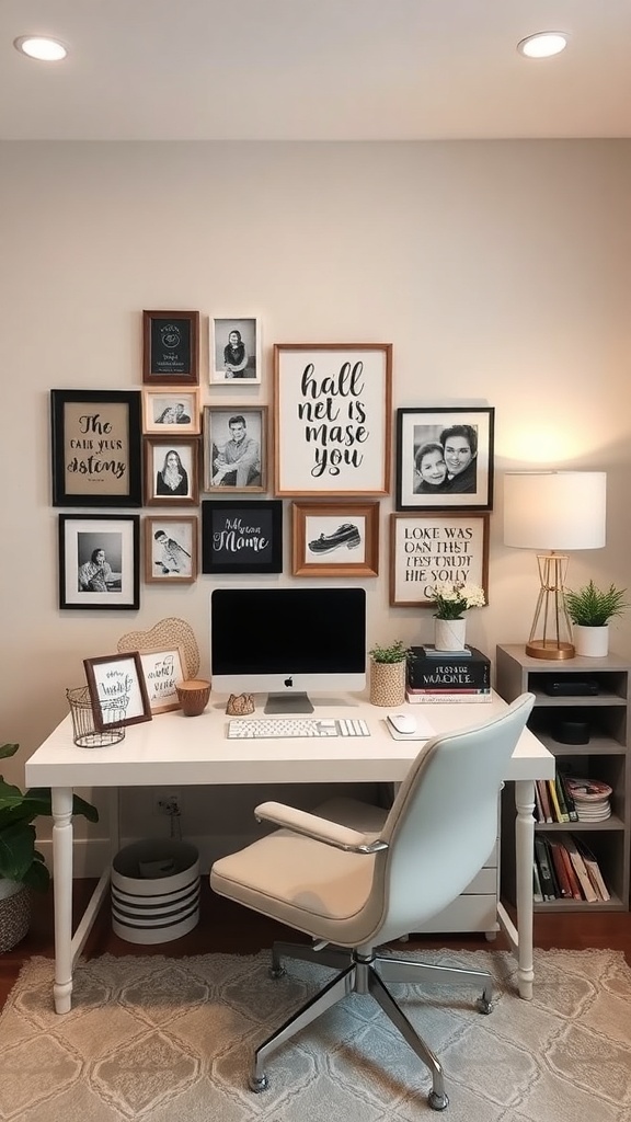 13 Essential Tips for an Organized Home Office 3 A well-organized home office featuring a desk, computer, and a wall with framed photos and quotes.