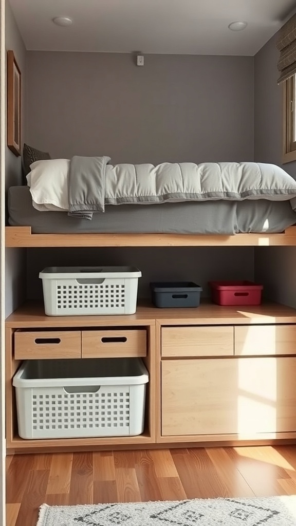 10 Creative Small Bedroom Ideas to Maximize Space 16 A small bedroom with a raised bed and organized under-bed storage using baskets and drawers.