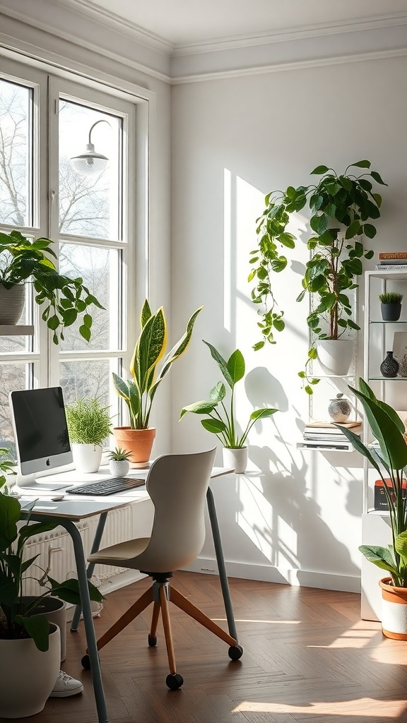 10 Stylish His and Her Office Spaces for Your Home 7 Bright office space with natural light and various indoor plants.