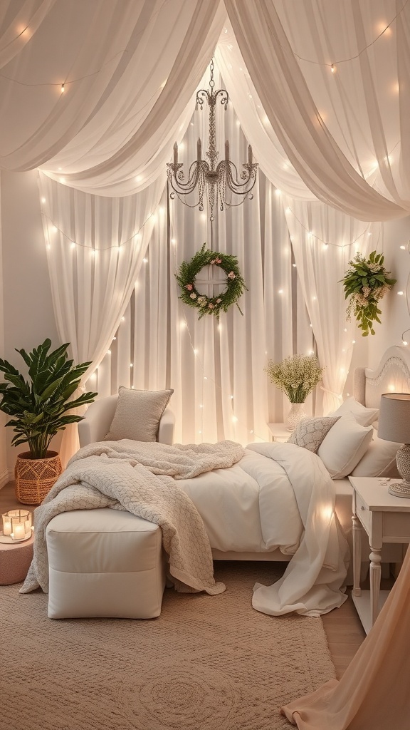 14 Stunning White Bedroom Ideas for a Dreamy Retreat 19 A cozy white bedroom with flowing drapes, fairy lights, a chandelier, and plants, creating a whimsical atmosphere.