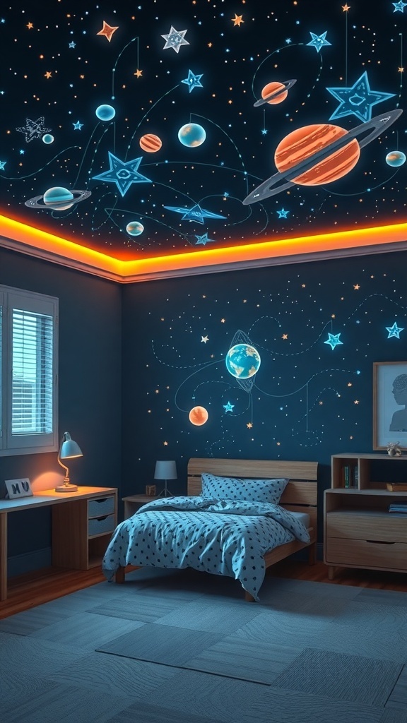 12 Creative Boys Bedroom Ideas for a Fun and Stylish Space 19 A boys bedroom decorated with glow-in-the-dark stars and planets on the walls and ceiling, featuring a cozy bed and a desk.