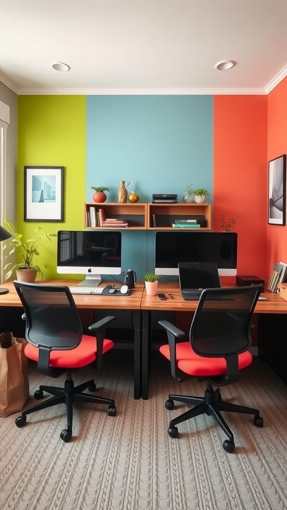 10 Stylish His and Her Office Spaces for Your Home 3 A colorful home office with two desks, each with a computer, surrounded by green, blue, and orange walls.