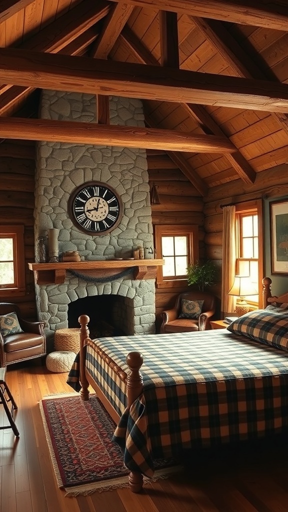 10 Stylish Bedroom Ideas Every Man Will Love 17 A cozy rustic bedroom featuring wooden beams, a stone fireplace, plaid bedding, and comfortable seating.