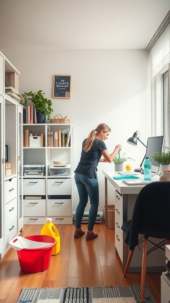 10 Essential Tips for Organizing Your Home Office 15 A person cleaning their home office, organizing items on a desk with cleaning supplies nearby.