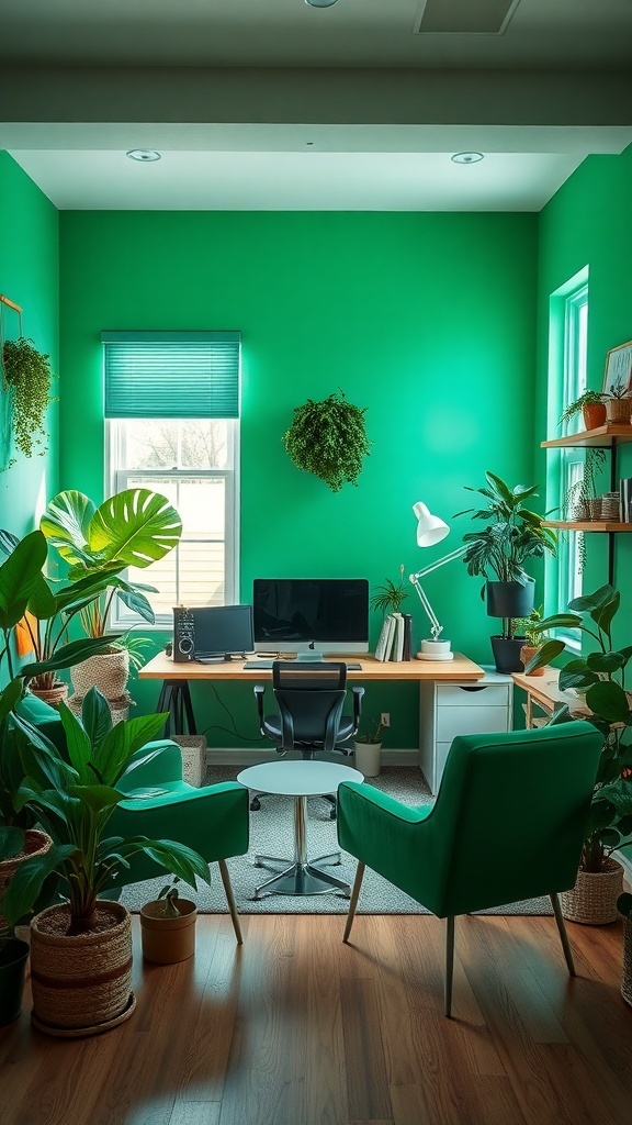 14 Inspiring Paint Colors for Your Home Office Makeover 6 A vibrant green home office with plants, a desk, and modern furniture