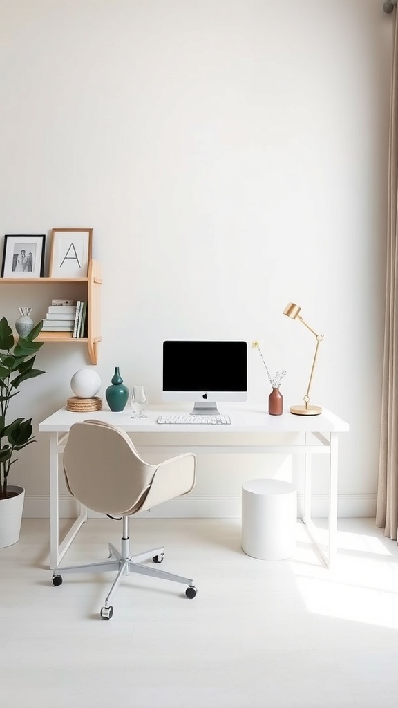 12 Stylish Home Office Ideas for Women 4 A chic minimalist workspace featuring a white desk, modern computer, stylish chair, and minimal decor.