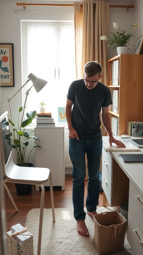 11 Essential Tips for Organizing Your Home Office for Maximum Productivity 11 A person organizing their home office, surrounded by plants and books, creating a clean workspace.