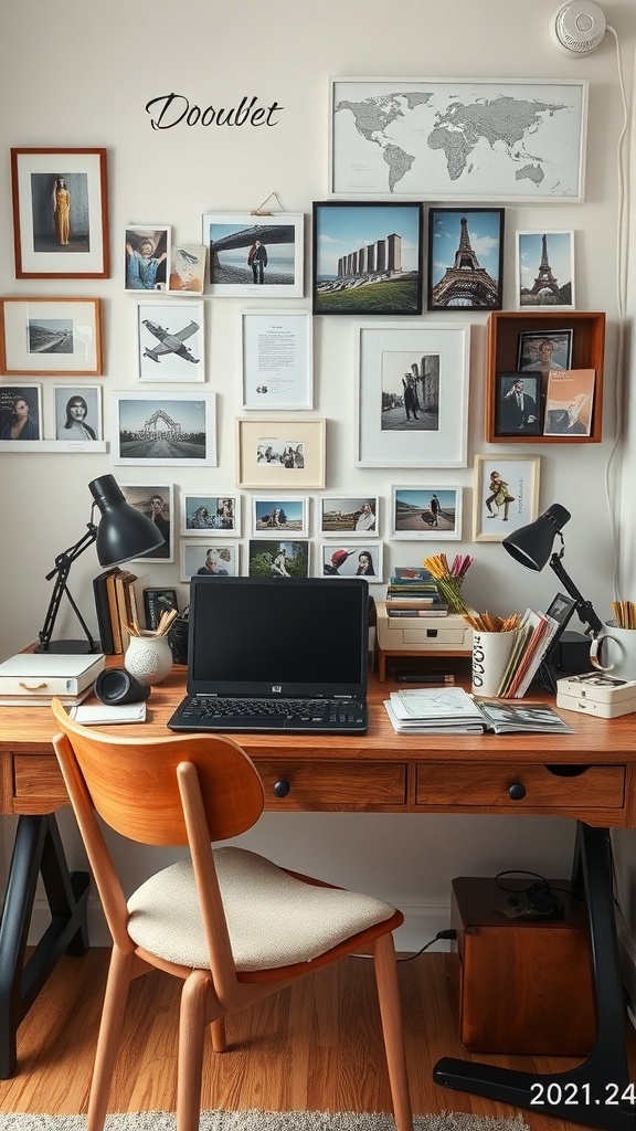 9 Stylish Double Desks for Your Home Office Setup 7 A cozy double desk home office setup with a wooden desk, laptop, and framed photos on the wall.