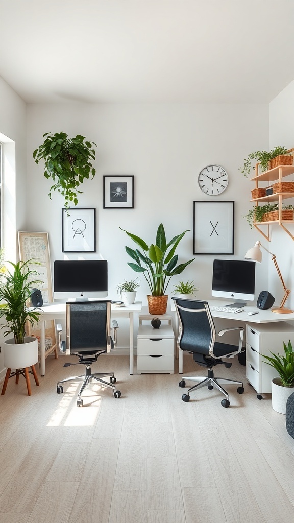 9 Stylish Double Desks for Your Home Office Setup 8 A bright home office with two desks, plants, and wall art.