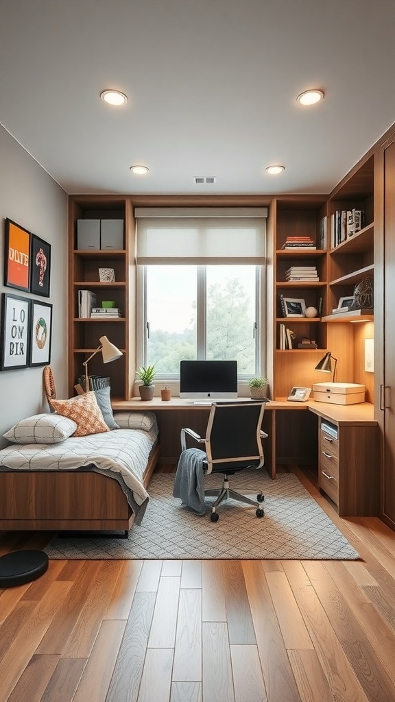 19 Creative Murphy Bed Office Guest Bedrooms Ideas 18 A stylish office guest bedroom featuring a murphy bed, desk, and warm wooden accents.