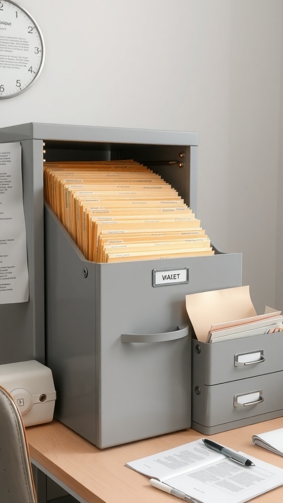11 Essential Tips for Organizing Your Home Office for Maximum Productivity 3 A modern home office with a gray filing cabinet filled with organized folders and a small drawer for additional storage.