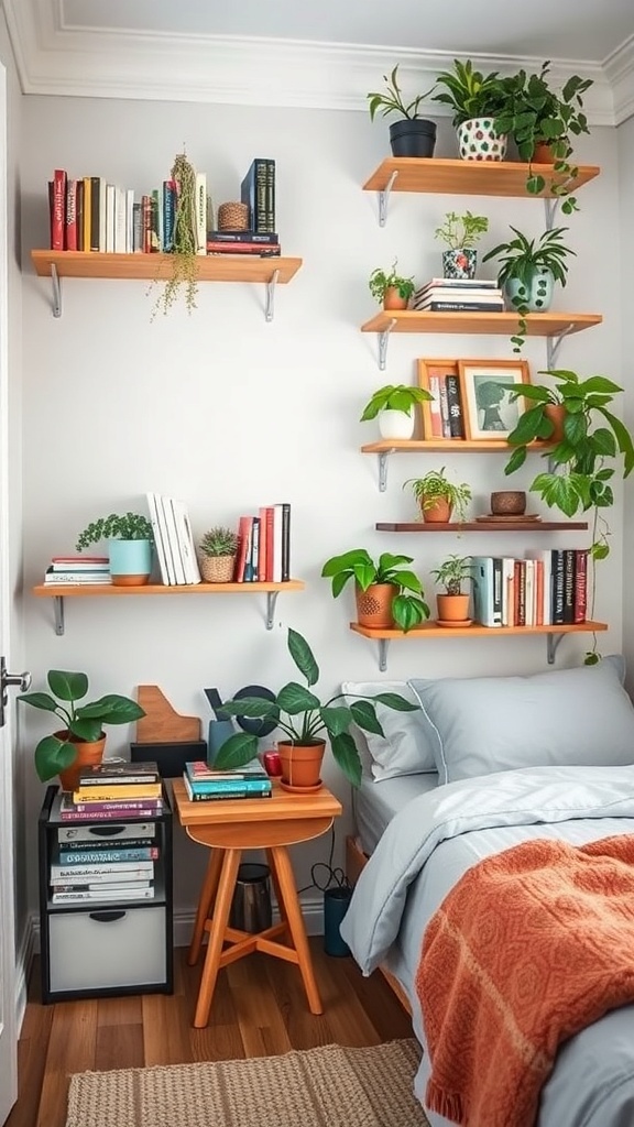 10 Creative Small Bedroom Ideas to Maximize Space 14 A small bedroom featuring vertical shelving with books, plants, and decorative items.