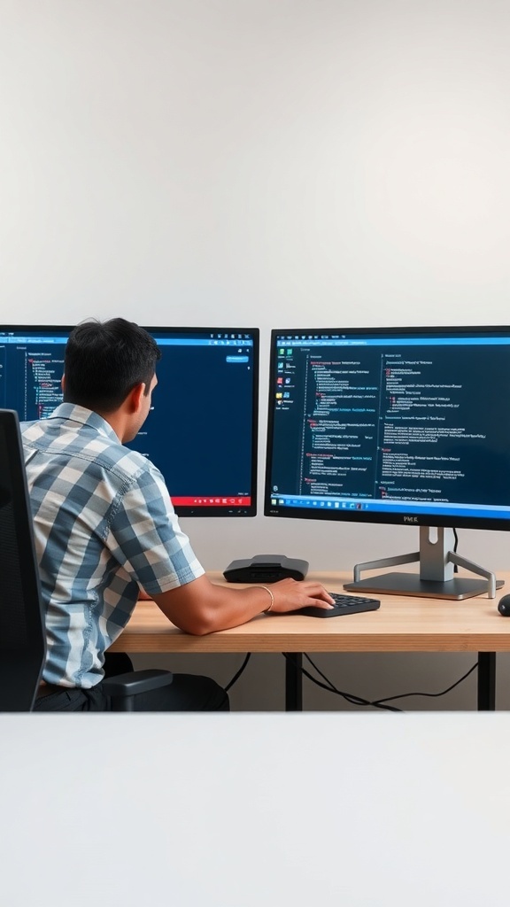 13 Essential Items for the Perfect Double Monitor Setup in Your Home Office 11 A person working at a double monitor setup in a home office, focusing on coding and communication tools.