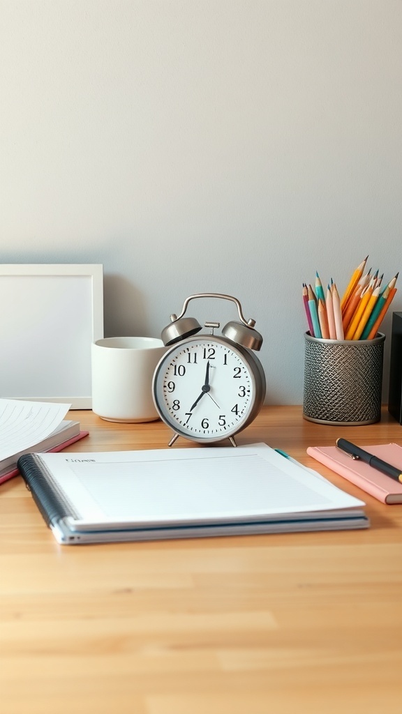 13 Essential Tips for an Organized Home Office 9 A clean home office desk with an alarm clock, colorful pencils, and notebooks.