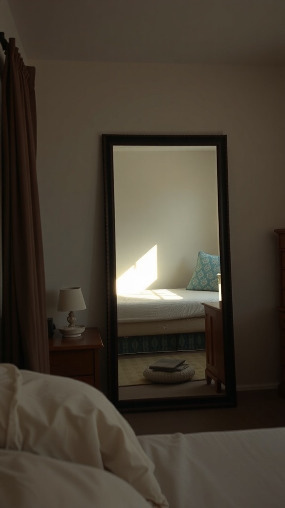 13 Creative Bedroom Ideas for Small Spaces 17 A tall mirror reflecting a small bedroom with a bed and a nightstand.