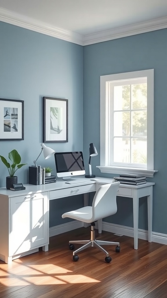 14 Inspiring Paint Colors for Your Home Office Makeover 3 A home office with calming blue walls, a white desk, and a chair, featuring natural light and a plant.
