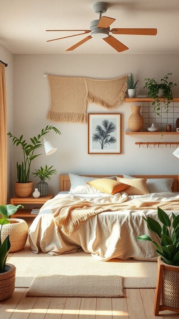15 Cute Bedroom Ideas to Elevate Your Space 19 A cozy bedroom featuring plants, wooden furniture, and natural textures.