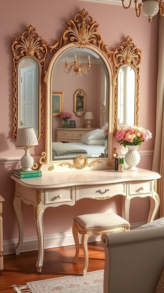 10 Chic Vanity Ideas to Elevate Your Bedroom Decor 18 A vintage glam vanity corner featuring a beautifully designed vanity table, ornate mirror, and soft pink walls.
