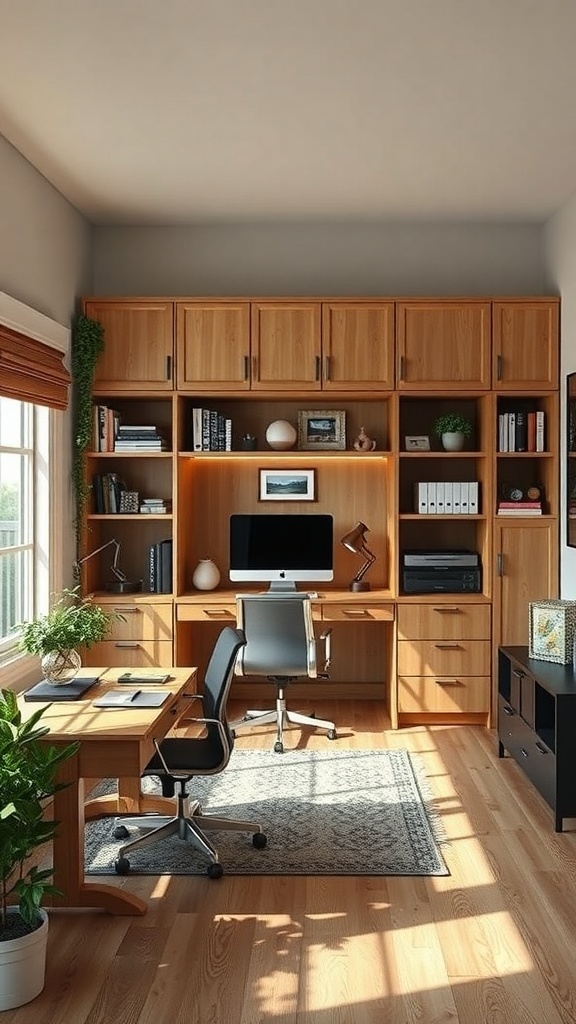 12 Stylish Home Offices Featuring Murphy Beds for Multi-Functional Spaces 22 A well-organized home office with a desk, ergonomic chair, wooden shelving, and a plant.