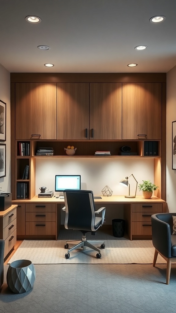 12 Stylish Home Offices Featuring Murphy Beds for Multi-Functional Spaces 20 A modern home office with a desk, computer, and stylish lighting.