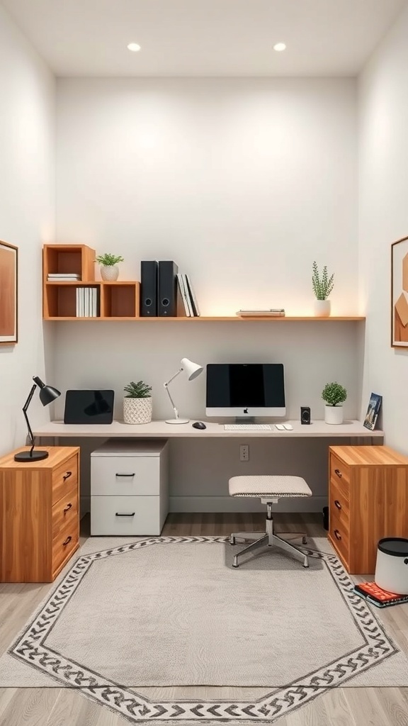 15 Creative Small Home Office Ideas for Maximum Productivity 5 A small home office setup featuring a sleek desk, storage drawers, and open shelving.