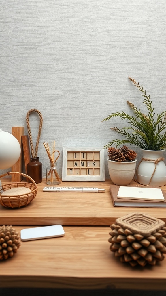 A cozy desk setup featuring natural elements like plants, pinecones, and wooden decor.