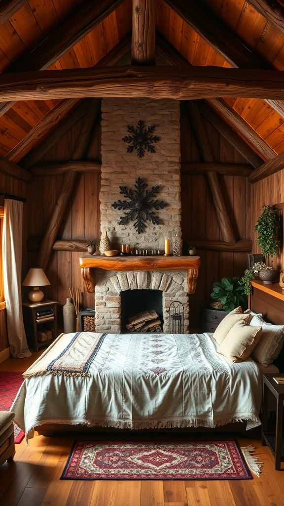 13 Elegant Bedroom Ideas for Grown Women 20 A cozy rustic bedroom featuring wooden beams, a stone fireplace, and soft bedding.