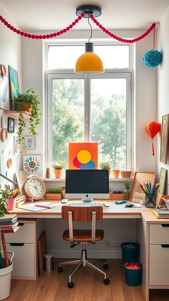 12 Inspiring Home Office Layout Ideas for Ultimate Productivity 18 A bright home office corner with a desk, computer, and colorful art supplies, decorated with plants and vibrant wall art.