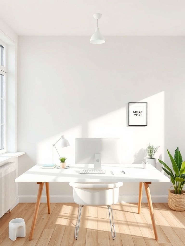 18 Stylish Modern Home Office Ideas to Inspire Your Space 23 A bright and minimalist home office with a white desk, computer, and plants.