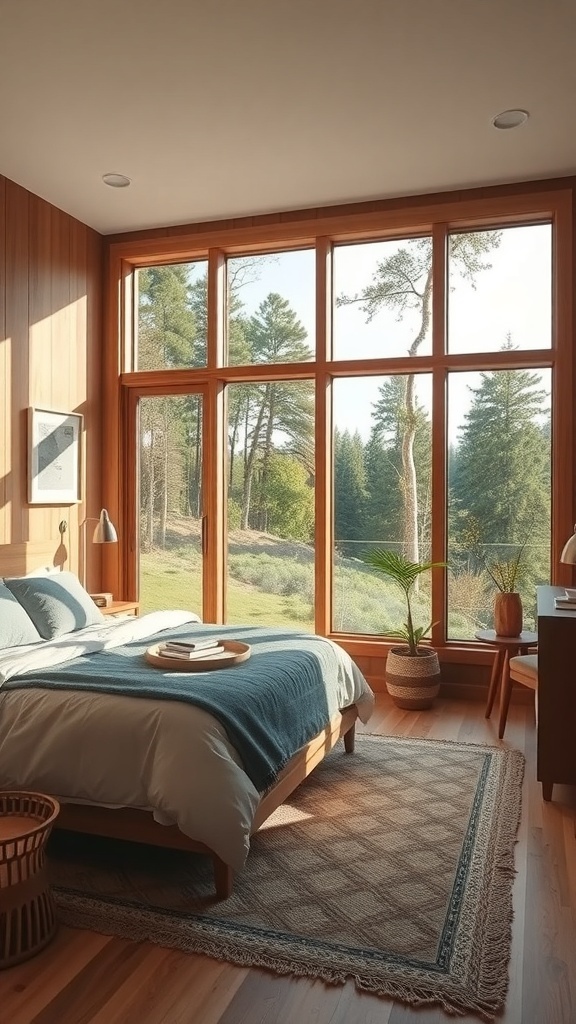 10 Chic Guest Bedroom Ideas for a Cozy Retreat 14 A serene guest bedroom with large windows showcasing a natural landscape, featuring wooden accents and cozy bedding.
