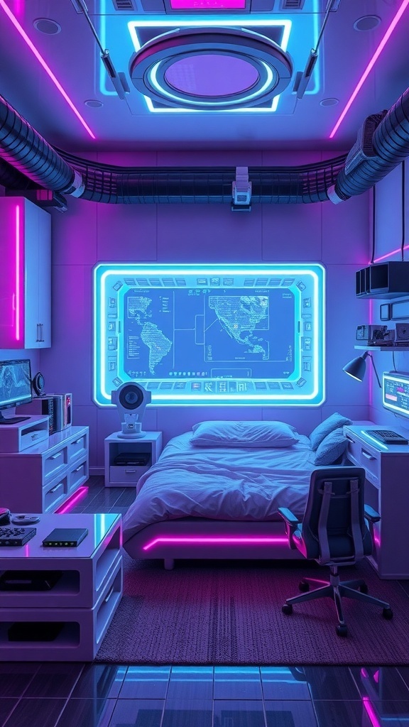 A futuristic bedroom with neon lights, a digital display, and modern furniture.