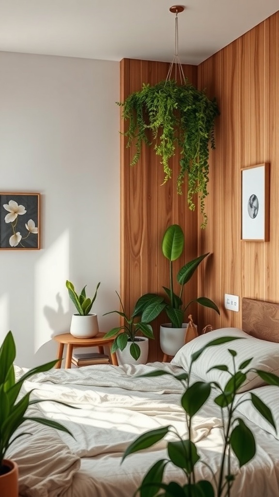 13 Creative Bedroom Ideas for Small Spaces 18 A cozy bedroom with wooden walls and various indoor plants, including a hanging fern.