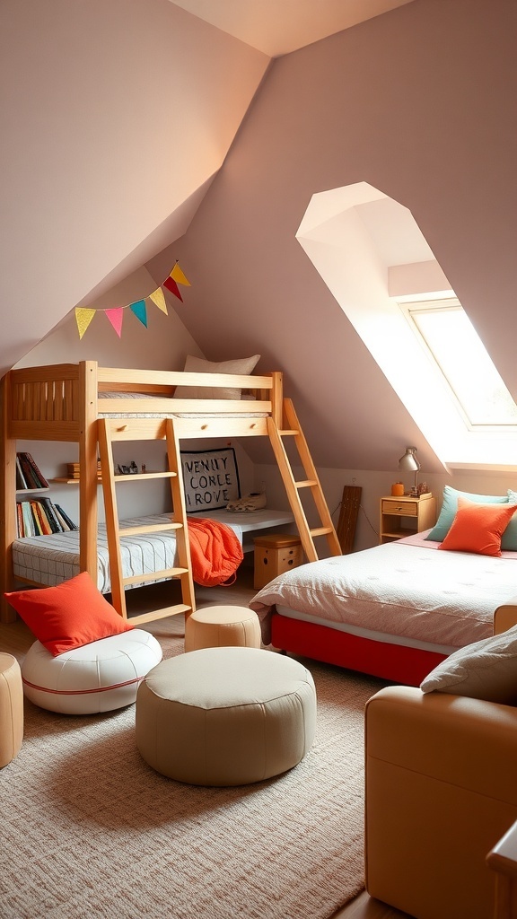 10 Cozy Attic Bedroom Ideas You’ll Love 19 A cozy attic bedroom with a bunk bed, colorful cushions, and a playful design.