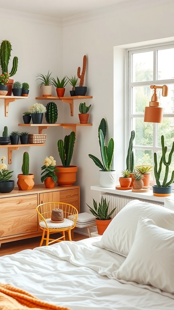 12 Inspiring Green Bedroom Ideas for a Refreshing Retreat 24 A cozy bedroom featuring a variety of cacti and succulents displayed on shelves and windowsills.