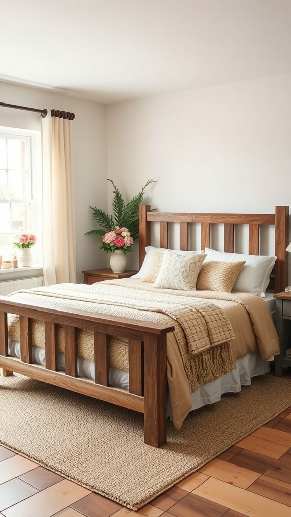 10 Chic Guest Bedroom Ideas for a Cozy Retreat 13 A cozy guest bedroom with a wooden bed frame, neutral bedding, and floral arrangements.