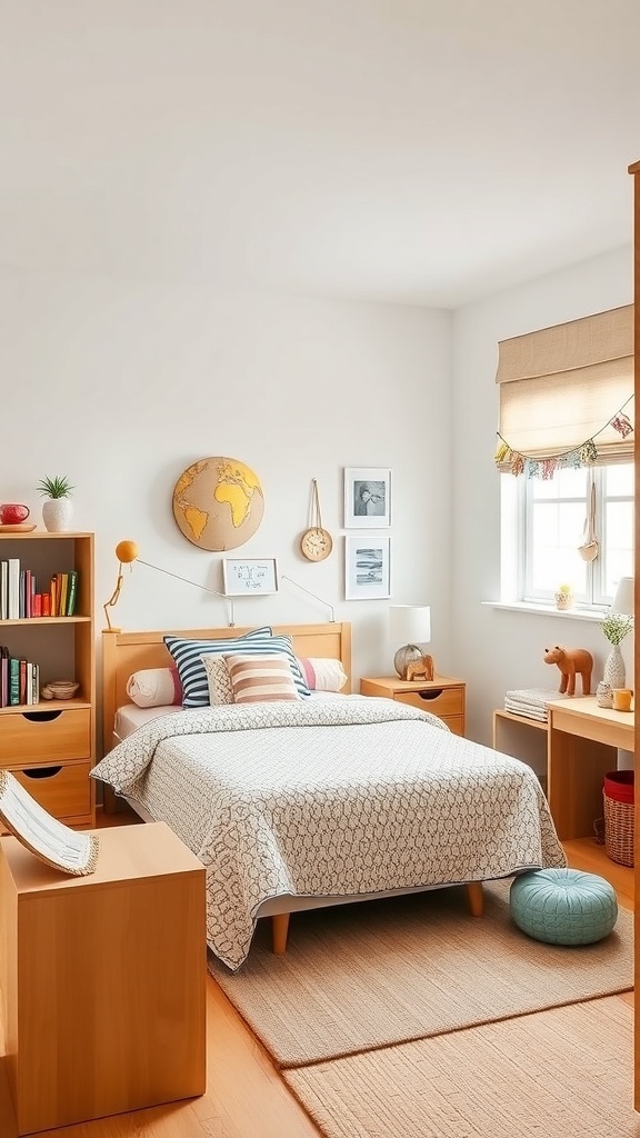 15 Inspiring Bedroom Ideas to Transform Your Space 28 A cozy family-friendly bedroom with warm wood tones, a central bed, playful striped pillows, and organized storage.