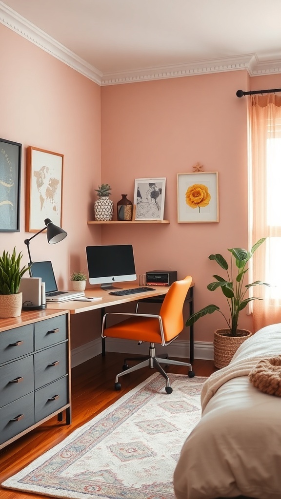 17 Stylish Home Office Guest Room Combos for Ultimate Efficiency 25 A cozy home office guest room combo featuring soft pink walls, an orange chair, and plants.