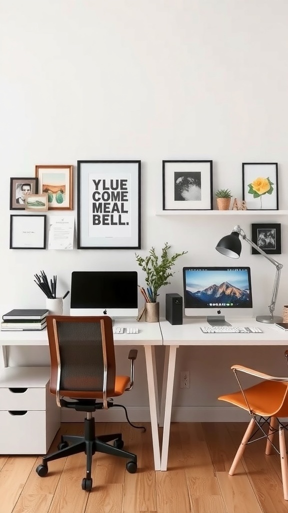 10 Stylish His and Her Office Spaces for Your Home 8 A stylish dual desk setup featuring two computers, framed artwork, and plants.