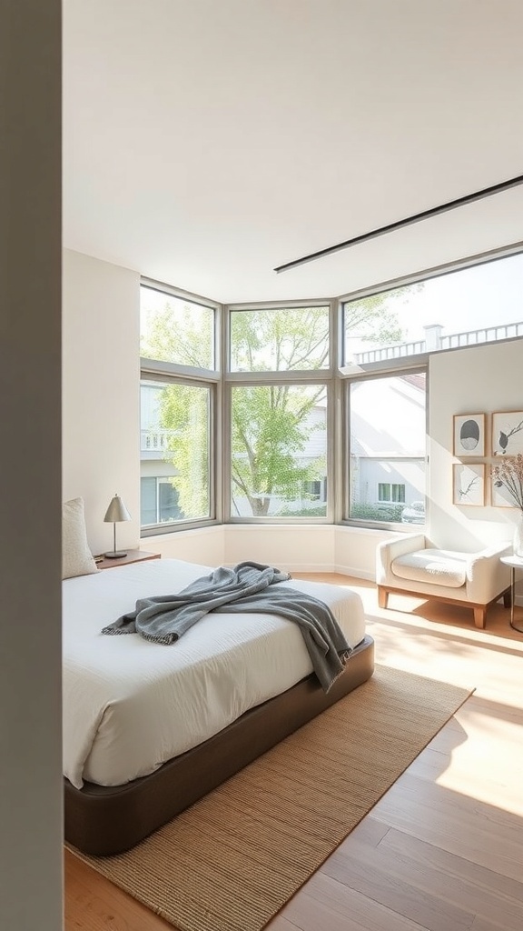 10 Chic Guest Bedroom Ideas for a Cozy Retreat 15 A modern minimalist guest bedroom with large windows, a low-profile bed, and a cozy chair.