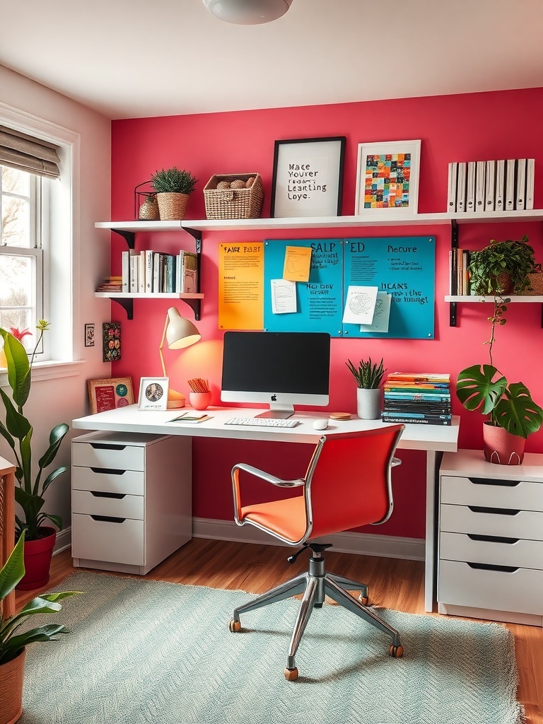18 Stylish Modern Home Office Ideas to Inspire Your Space 21 A modern home office with pink walls, a white desk, an orange chair, and plants.