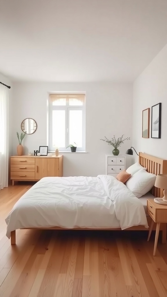 15 Inspiring Bedroom Ideas to Transform Your Space 19 A minimalist Scandinavian bedroom featuring light wood furniture, white walls, and natural light.