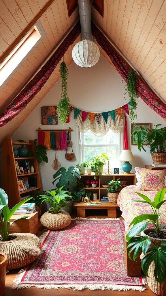 10 Cozy Attic Bedroom Ideas You’ll Love 18 A cozy attic bedroom with a sloped ceiling, colorful textiles, plants, and playful decor.