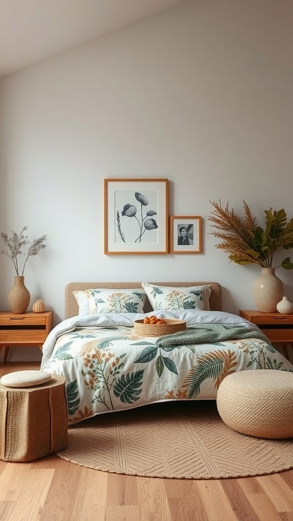 13 Elegant Bedroom Ideas for Grown Women 25 A nature-inspired bedroom featuring floral bedding, wooden furniture, and decorative plants.